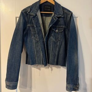 All Saints Cropped and Fitted Dark Denim Jacket - Size Large